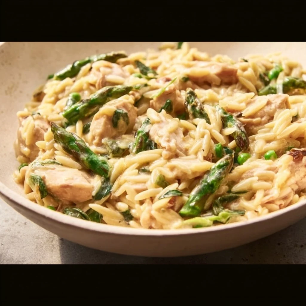 Creamy chicken orzo with asparagus in a one pot dish