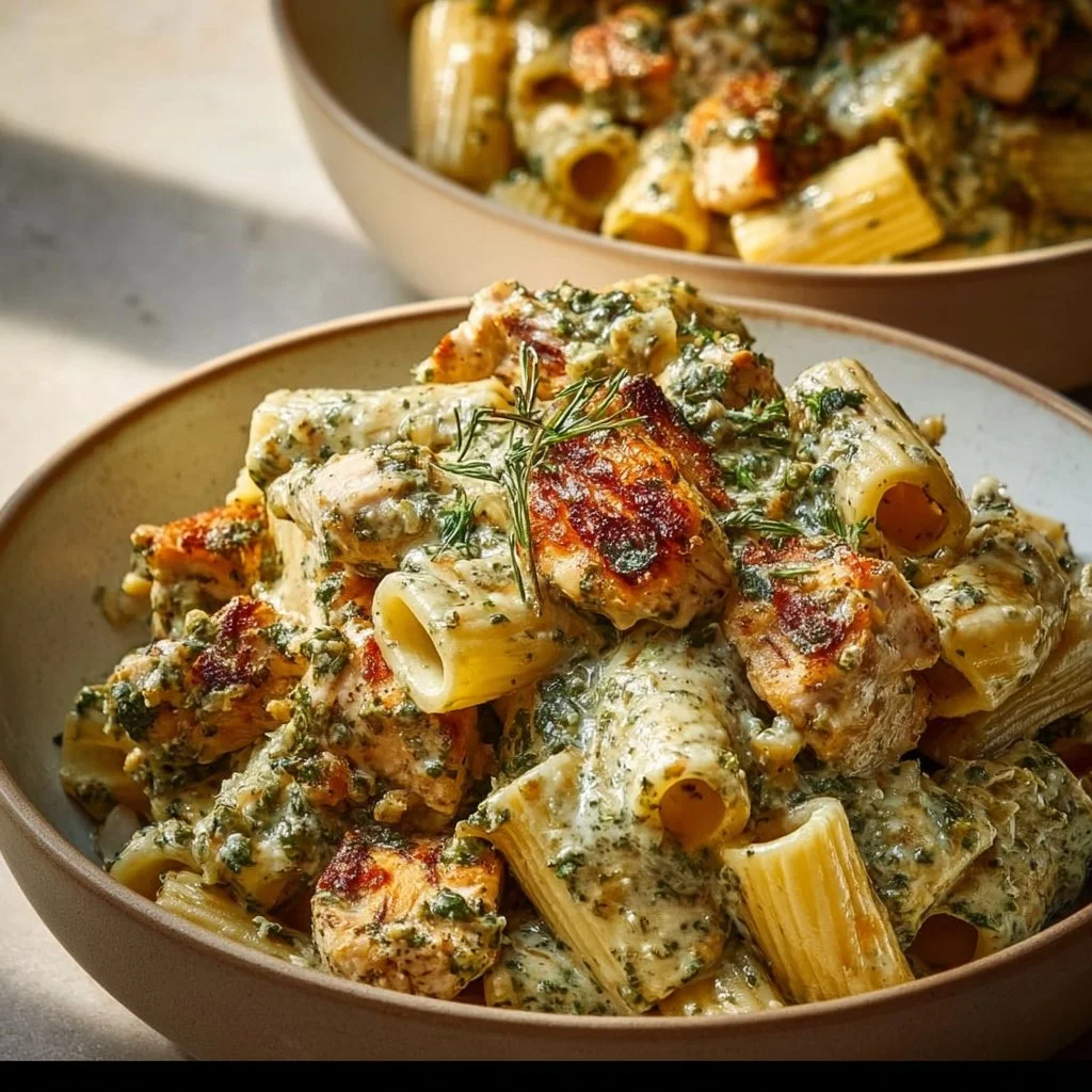 Creamy pesto chicken pasta with fresh herbs and grilled chicken served on a plate.