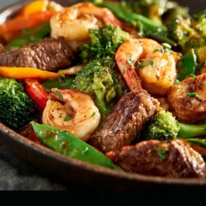 Delicious steak and shrimp stir fry served in a bowl with vibrant vegetables