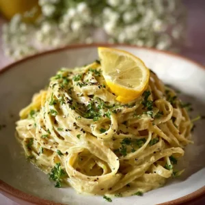 Bowl of easy creamy lemon garlic pasta garnished with parsley and lemon zest.