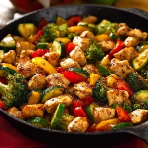 Healthy chicken and vegetables skillet with colorful veggies in a frying pan
