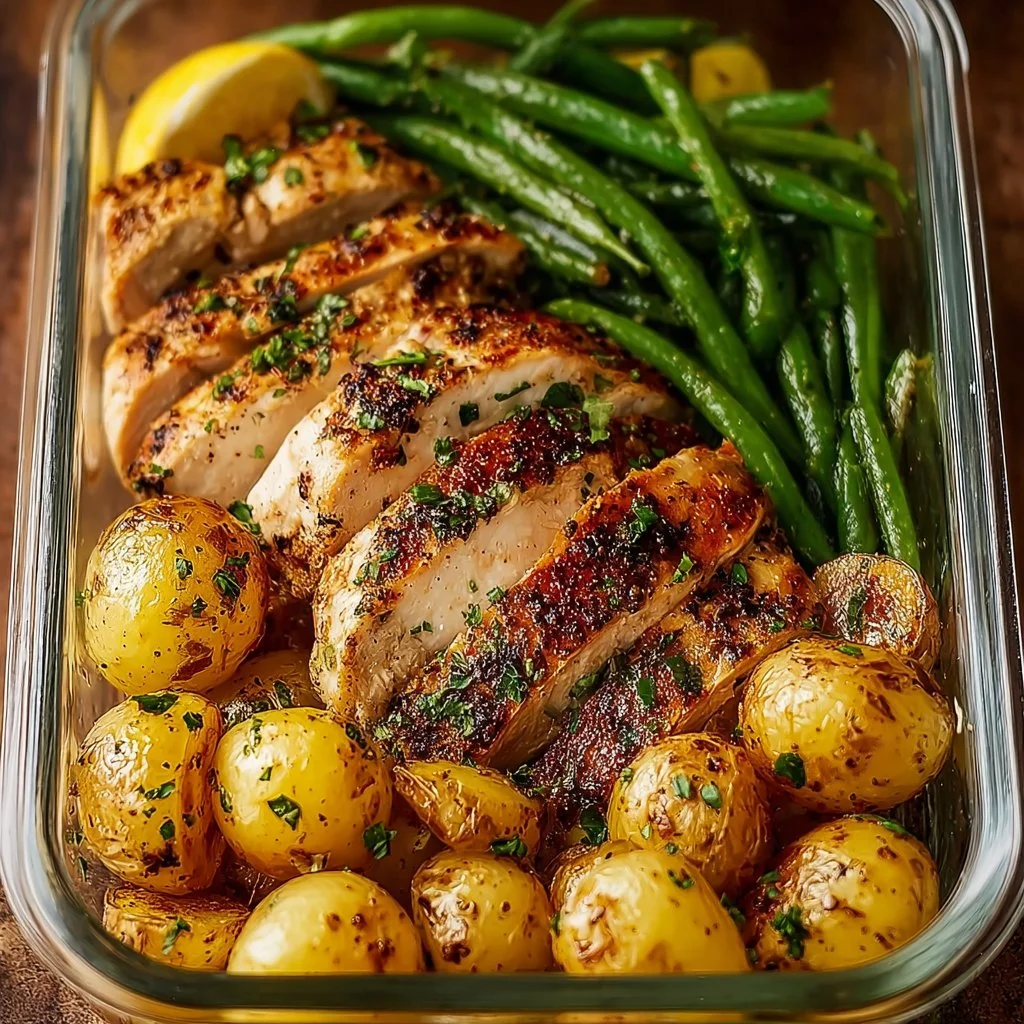 Healthy lemon garlic chicken meal prep bowls with vibrant vegetables and grains