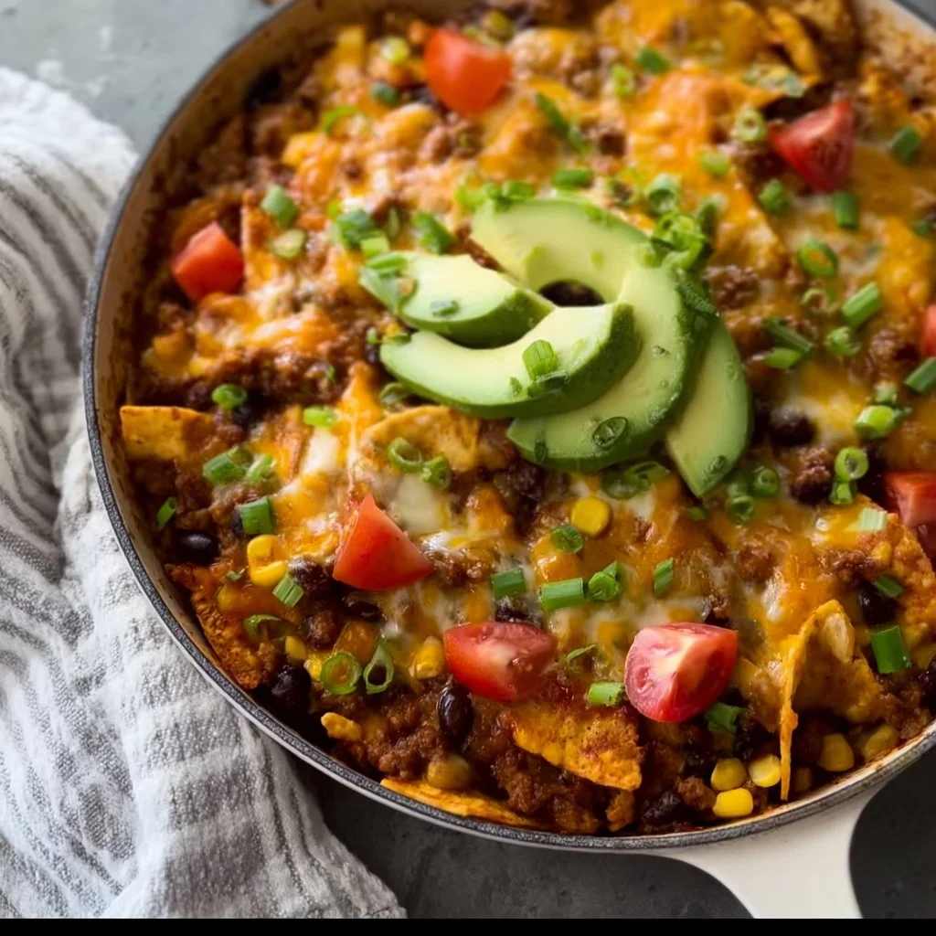 Delicious beef skillet enchiladas served in a cast-iron skillet