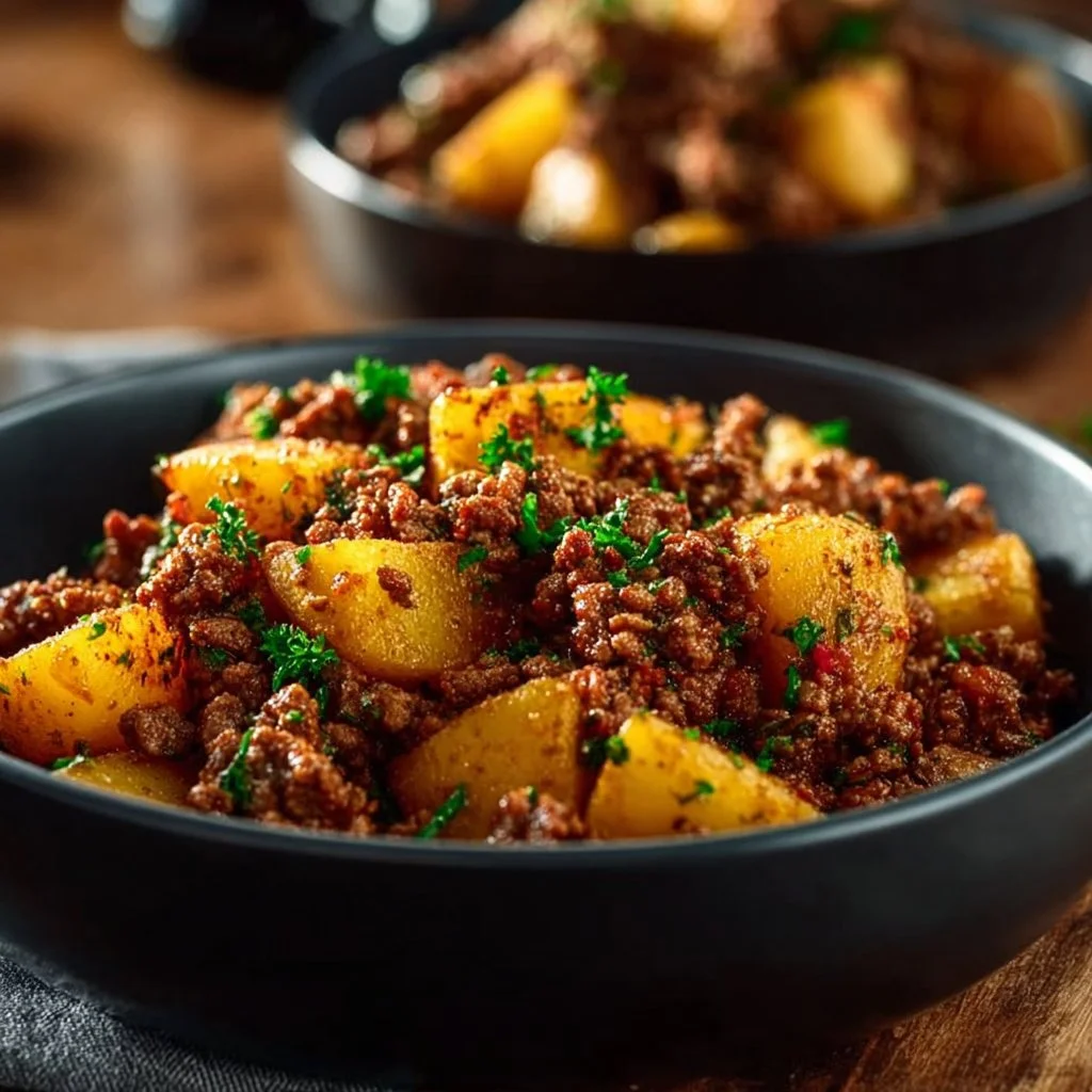 Hearty ground beef and potatoes dish served on a plate with fresh herbs