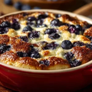 High-protein blueberry cottage cheese breakfast bake served in a dish.