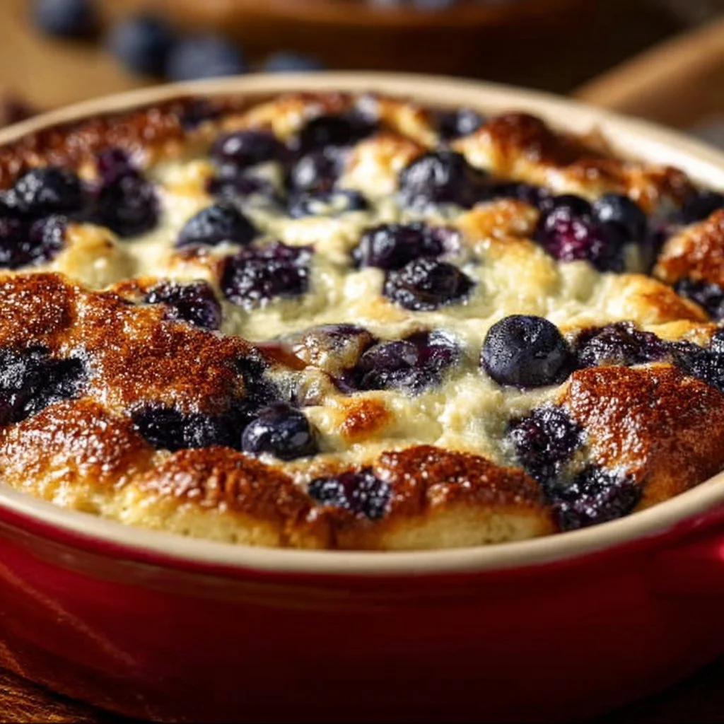 High-protein blueberry cottage cheese breakfast bake served in a dish.
