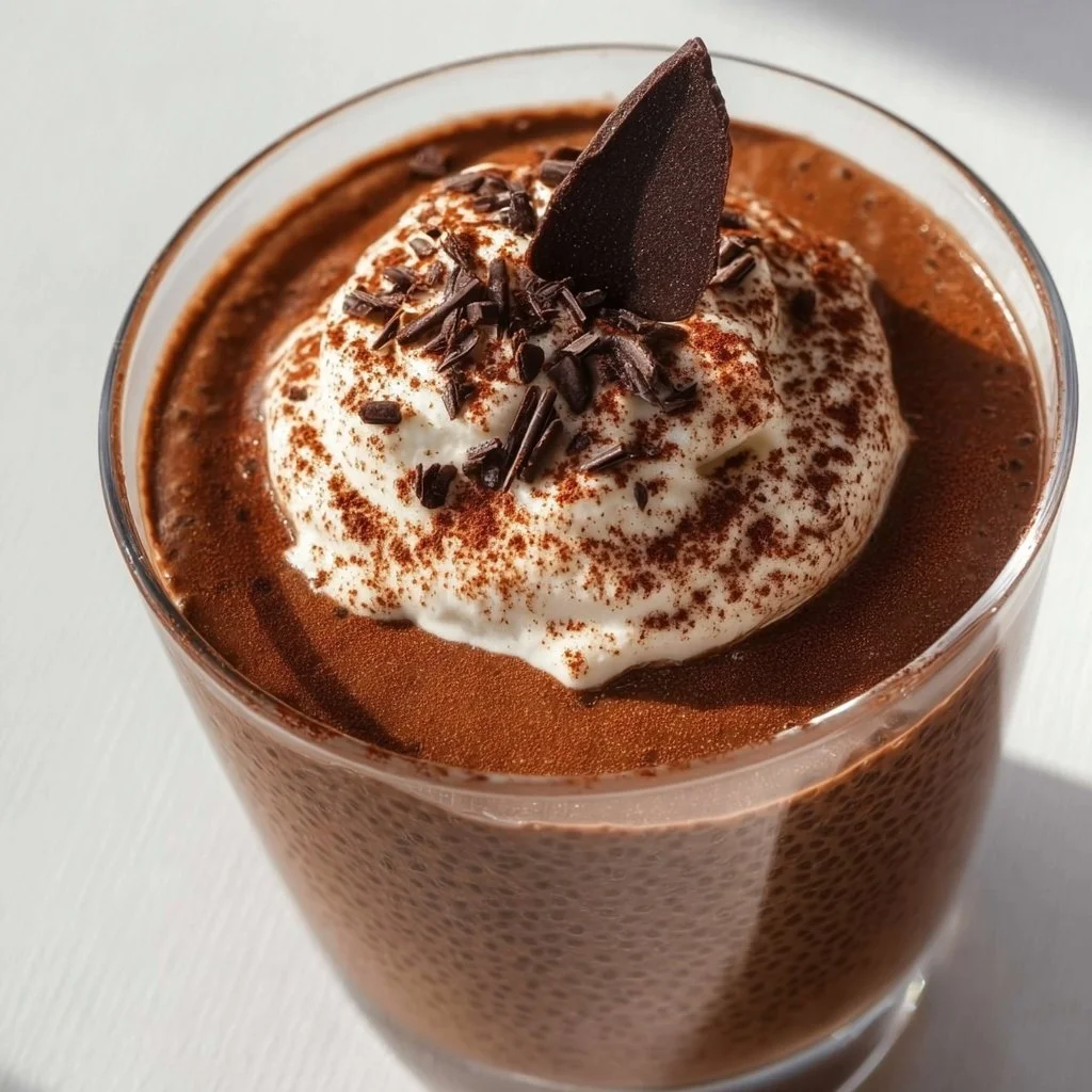 Delicious high protein chocolate chia seed pudding served in a glass bowl