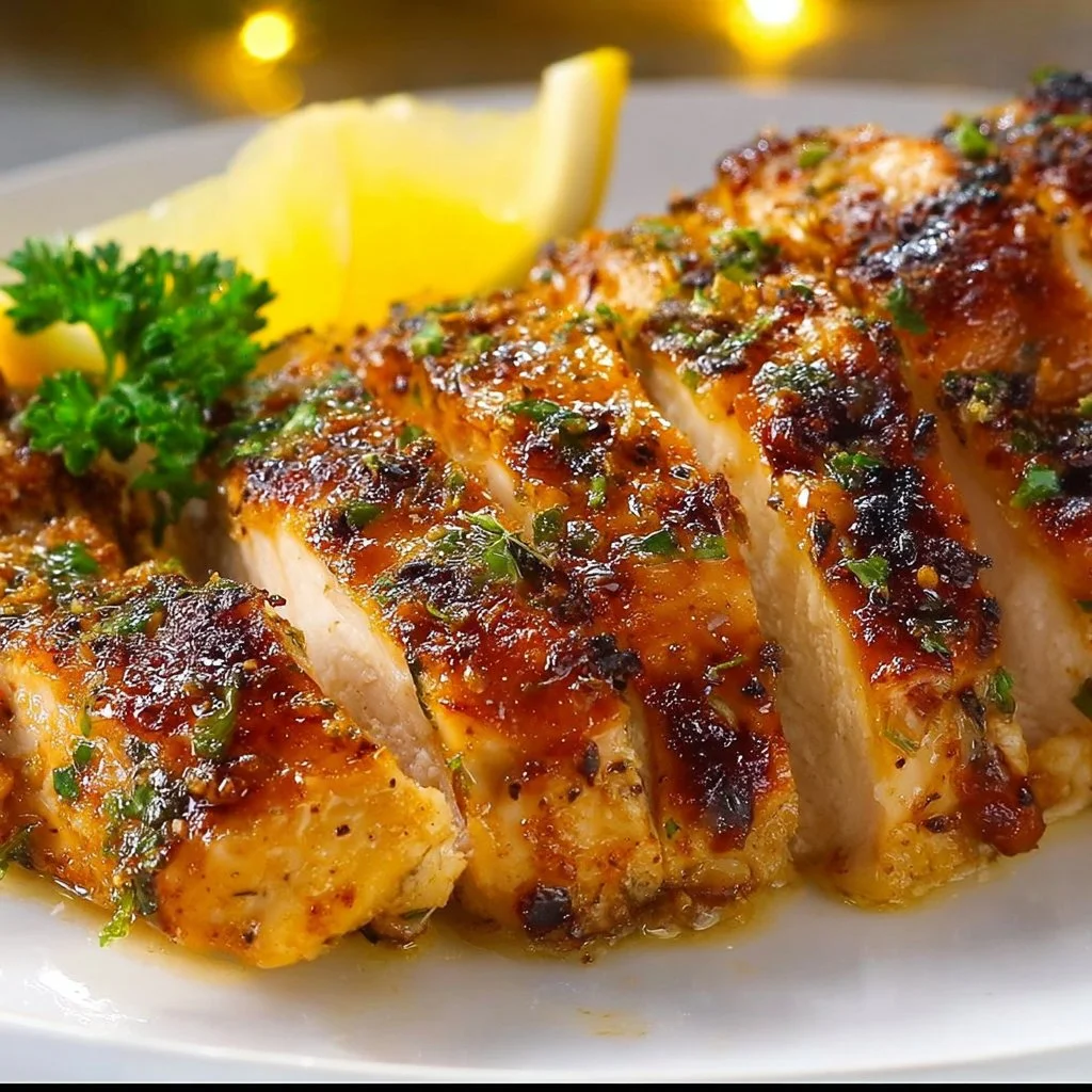 Close-up of delicious Lemon Garlic Chicken garnished with herbs