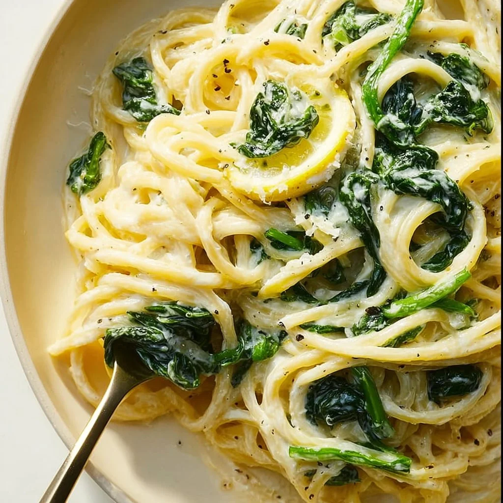 Delicious Lemon Ricotta Pasta with Spinach served in a bowl