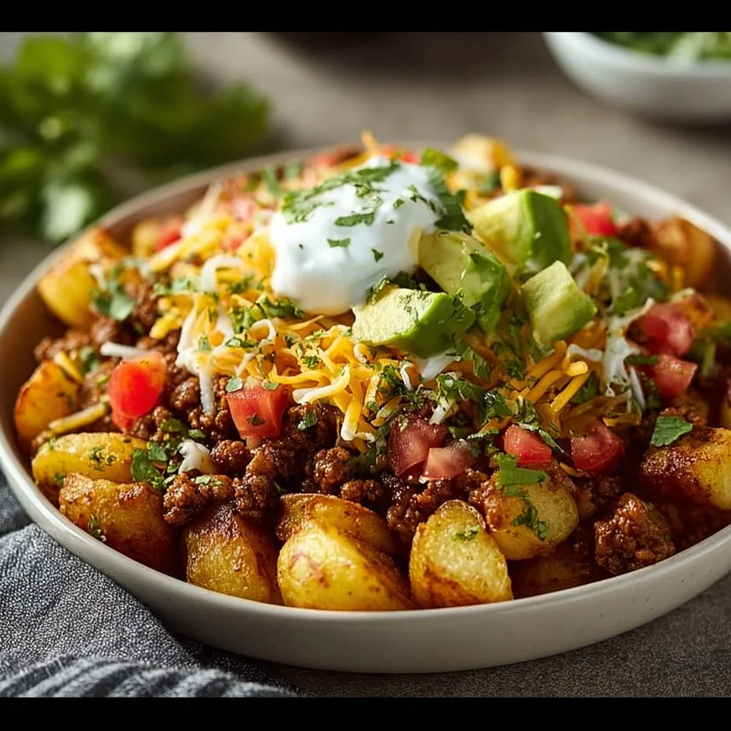 Loaded Potato Taco Bowl topped with fresh ingredients and served in a bowl
