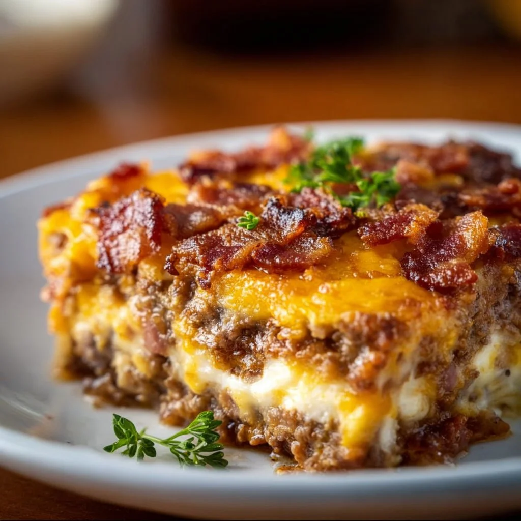 Low-Carb Bacon Cheeseburger Casserole topped with crispy bacon and melted cheese