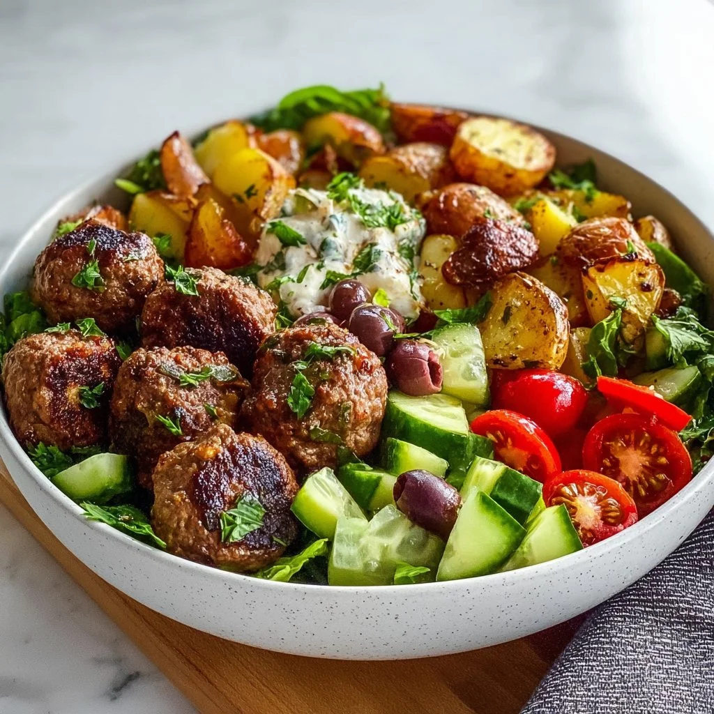 Delicious Mediterranean meatball bowl filled with meatballs and fresh vegetables