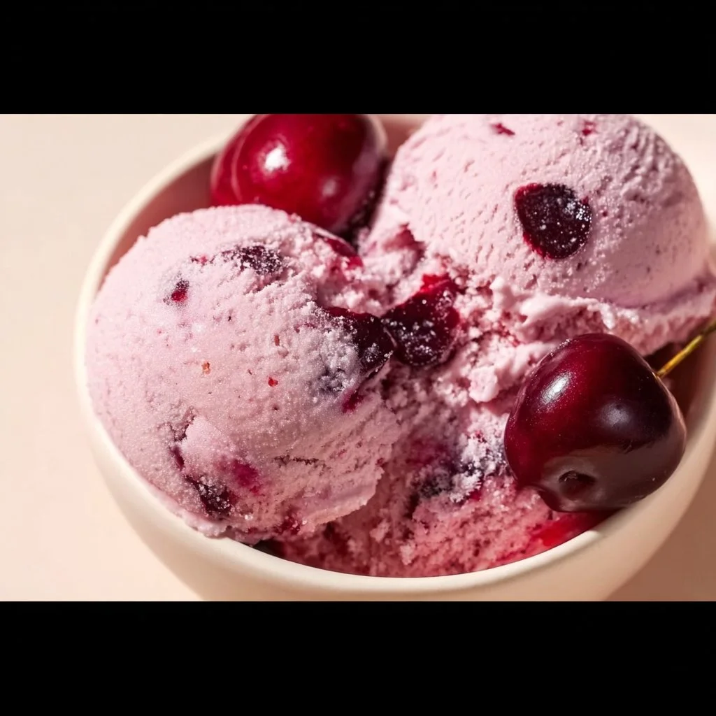 No-churn cherry ice cream served in a bowl, made with cottage cheese.