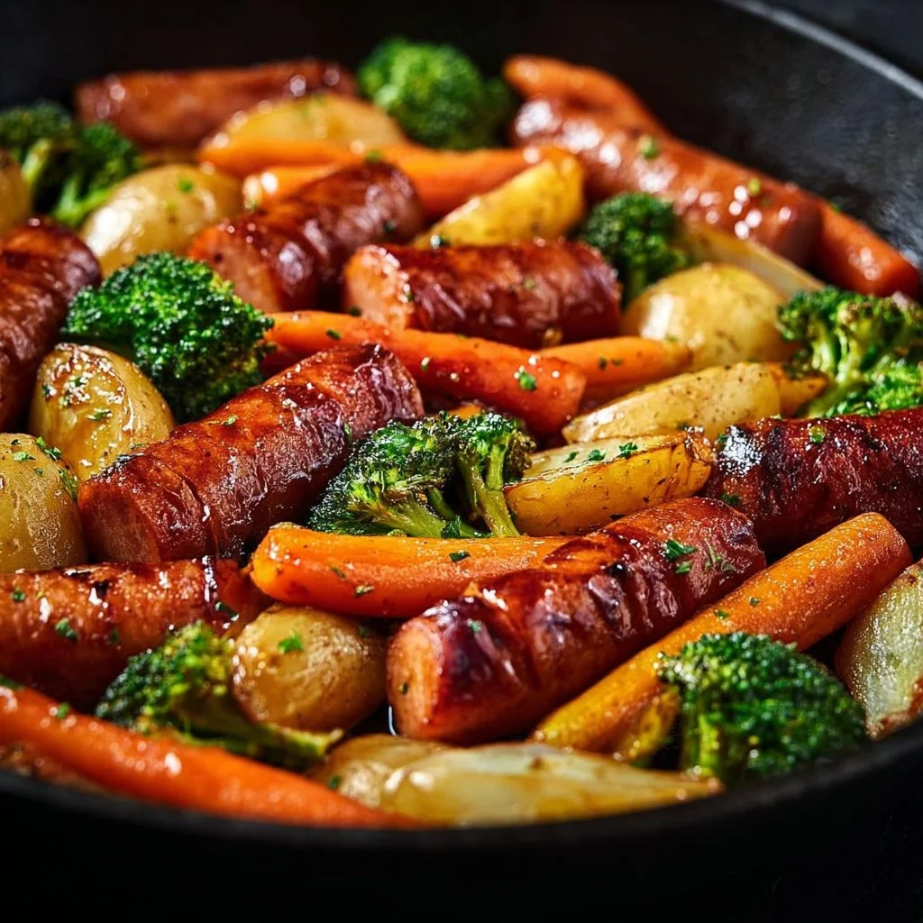 Delicious one-pan honey garlic kielbasa with colorful veggies ready to serve.