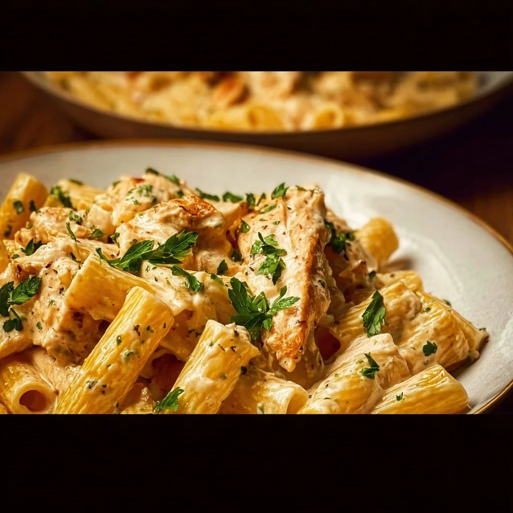 Creamy ricotta chicken pasta served in a bowl with herbs