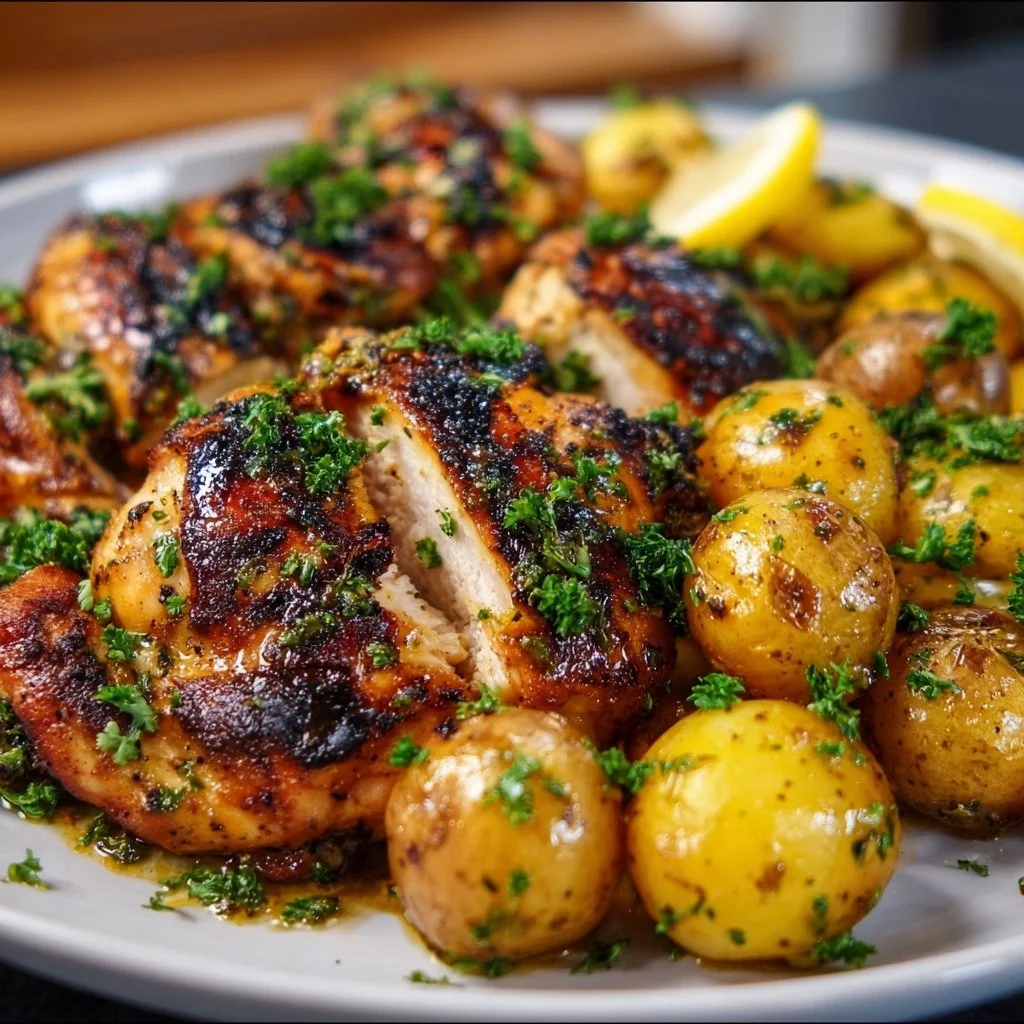 Delicious sheet pan lemon balsamic chicken served with roasted potatoes.