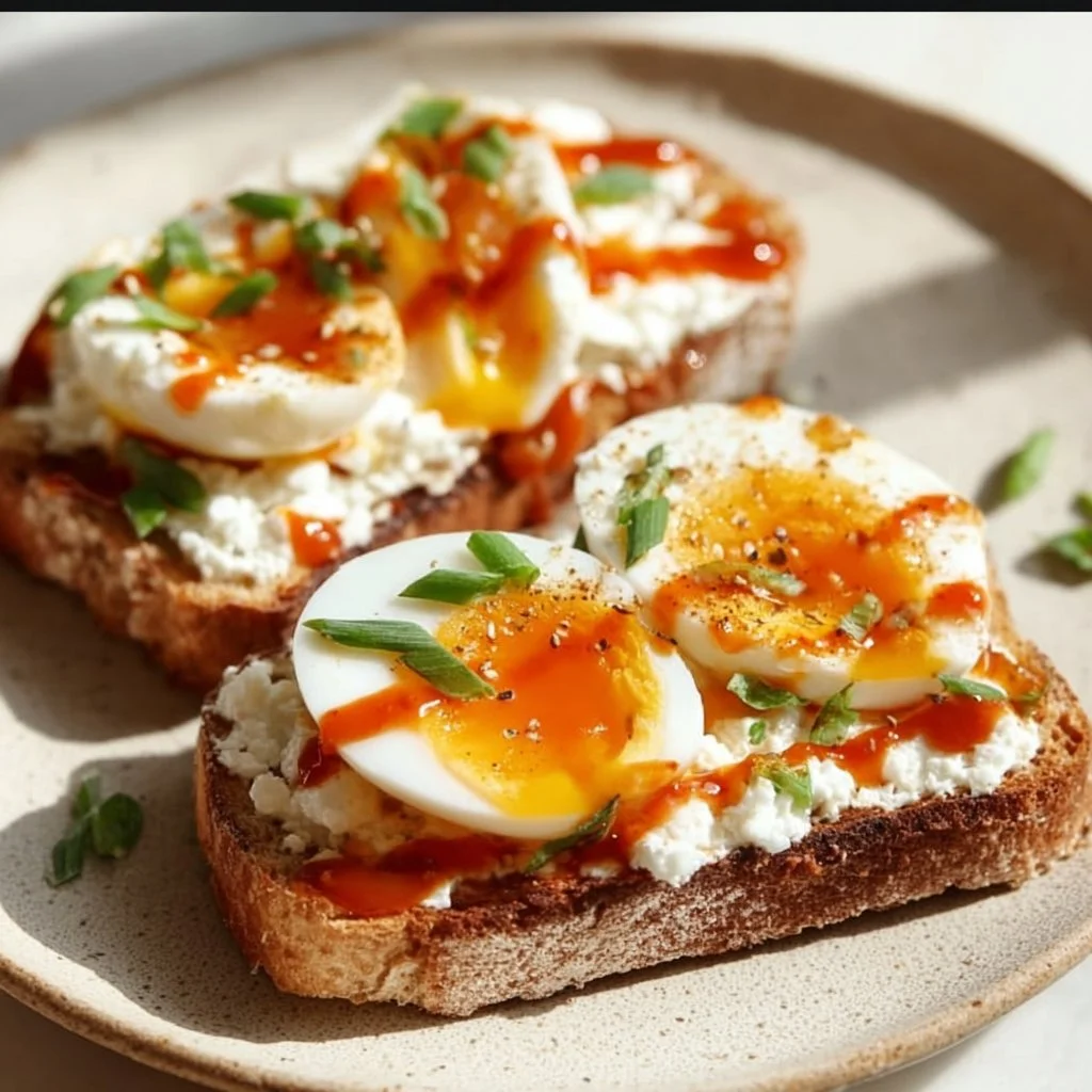 Spicy cottage cheese egg toast with Sriracha for a nutritious breakfast