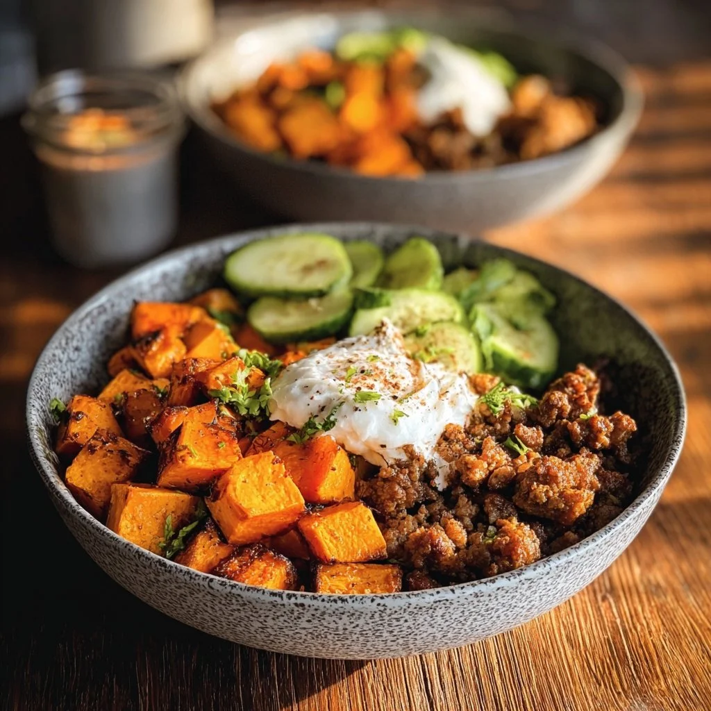 Sweet Potato Beef Bowl topped with hot honey and cottage cheese, delicious recipe
