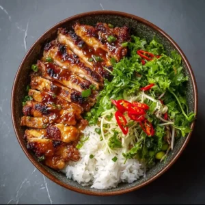 Plate of Vietnamese lemongrass chicken garnished with herbs and served with rice.
