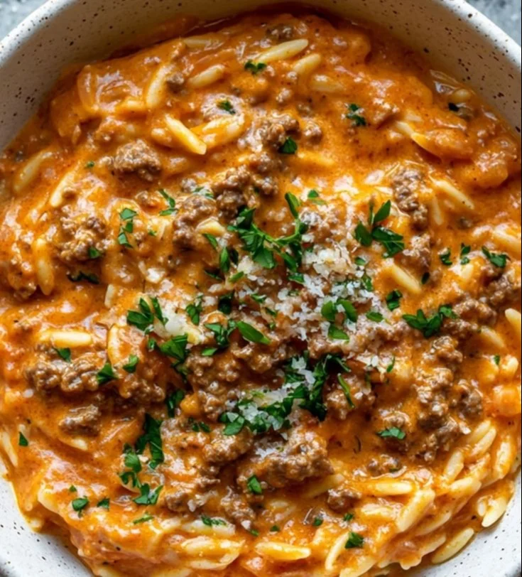 Beef Orzo with Tomato Cream Sauce