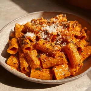 Plate of creamy chili oil pasta topped with fresh herbs
