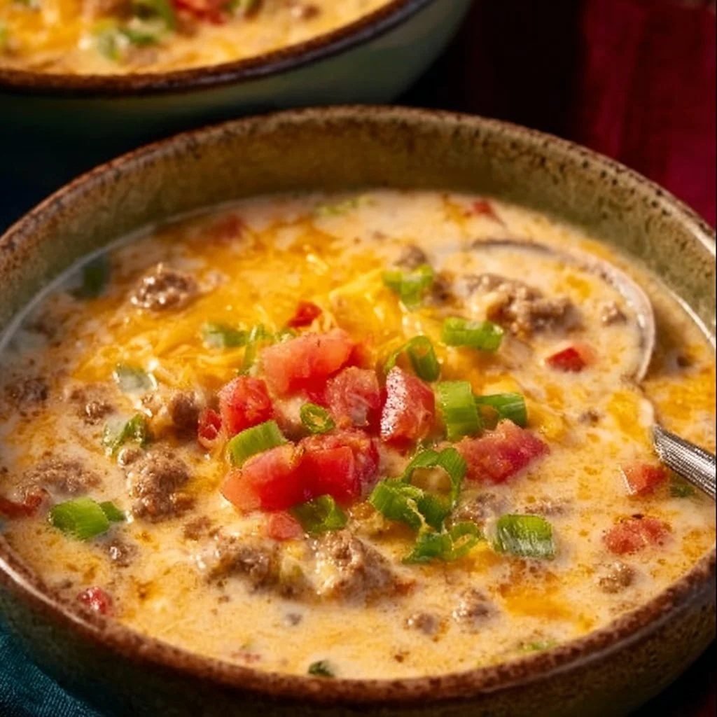 Bowl of creamy queso soup topped with herbs, low carb and keto-friendly.