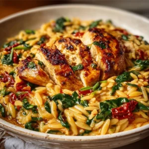 Creamy Tuscan Chicken Orzo with spinach and sun-dried tomatoes served in a bowl.