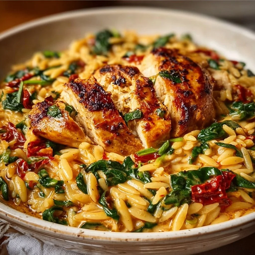 Creamy Tuscan Chicken Orzo with spinach and sun-dried tomatoes served in a bowl.