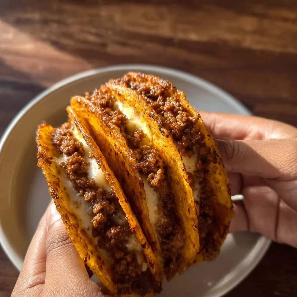 Delicious crispy ground beef tacos served with toppings and salsa.