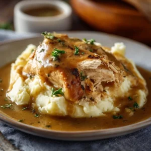 Crockpot Chicken and Gravy served in a bowl with fresh herbs
