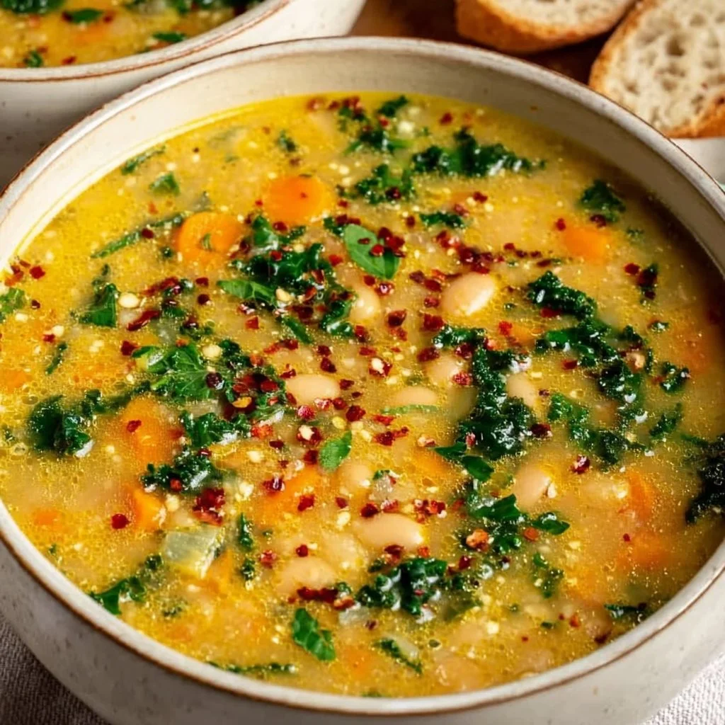 Bowl of Vegan Tuscan White Bean Soup garnished with fresh herbs