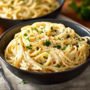 Bowl of easy cheesy garlic parmesan spaghetti topped with herbs and cheese