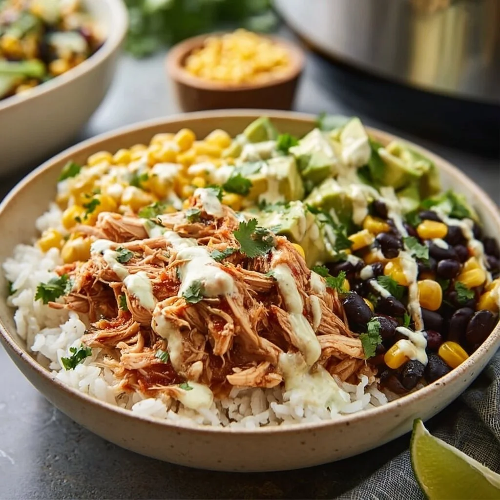 Delicious Chicken Burrito Bowl made in a crock pot for healthy family meals