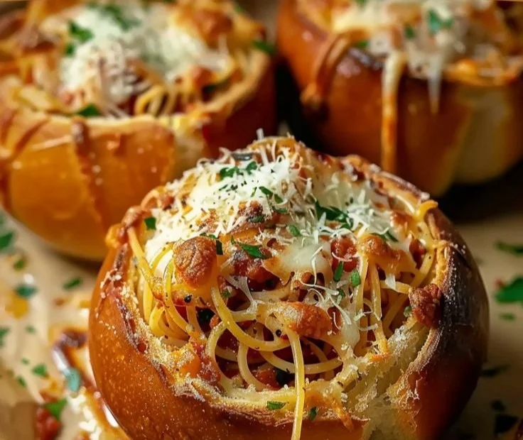 Spaghetti Garlic Bread Bowls