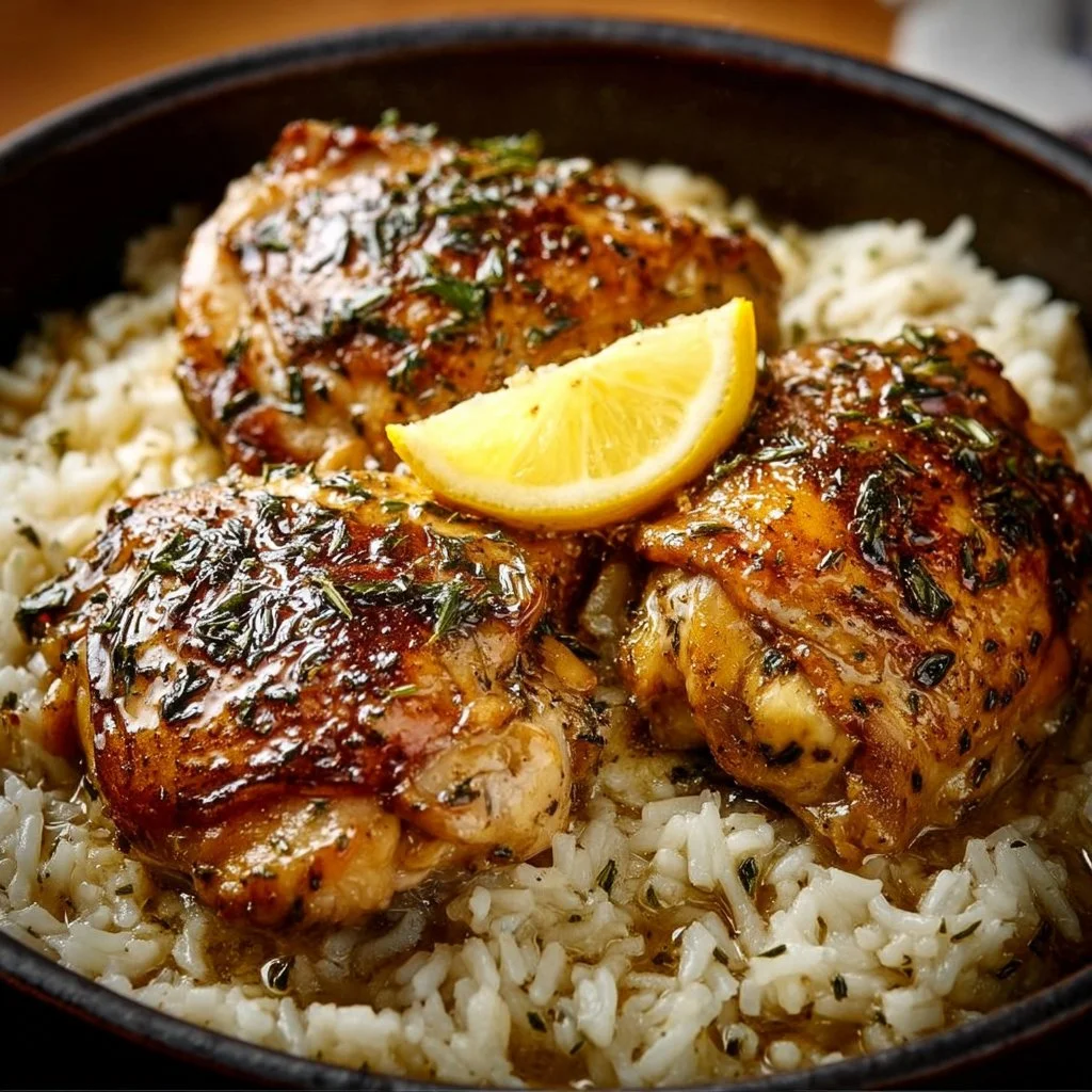 Crockpot Lemon Herb Chicken and Rice in a bowl, garnished with herbs.