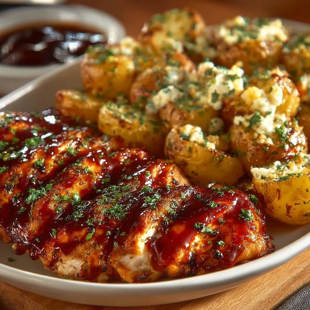 Honey BBQ Chicken with Garlic Parmesan Potatoes served on a plate