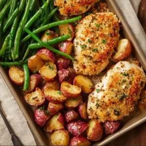 Parmesan Crusted Chicken served with vegetables on a sheet pan
