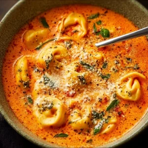 Bowl of Parmesan Tomato Tortellini Soup garnished with herbs