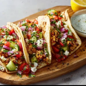 Delicious Mediterranean chicken tacos topped with fresh ingredients