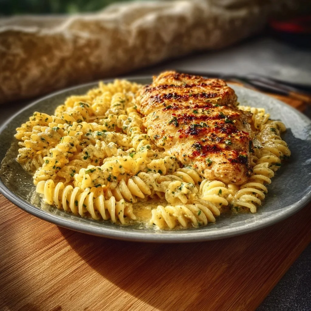 Creamy garlic parmesan chicken pasta dish, garnished and ready to serve