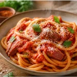 amatriciana sauce recipe featuring spaghetti tossed in rich tomato sauce with crispy guanciale and pecorino