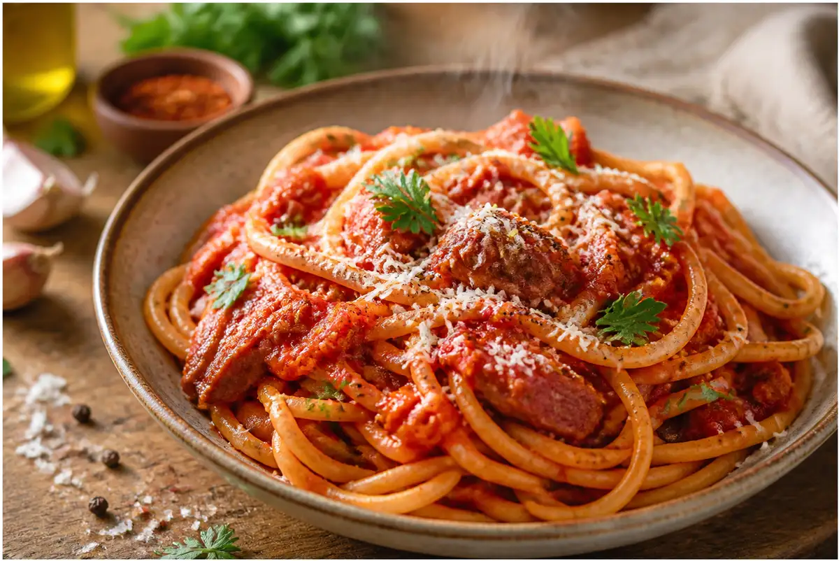Home 3 amatriciana sauce recipe featuring spaghetti tossed in rich tomato sauce with crispy guanciale and pecorino