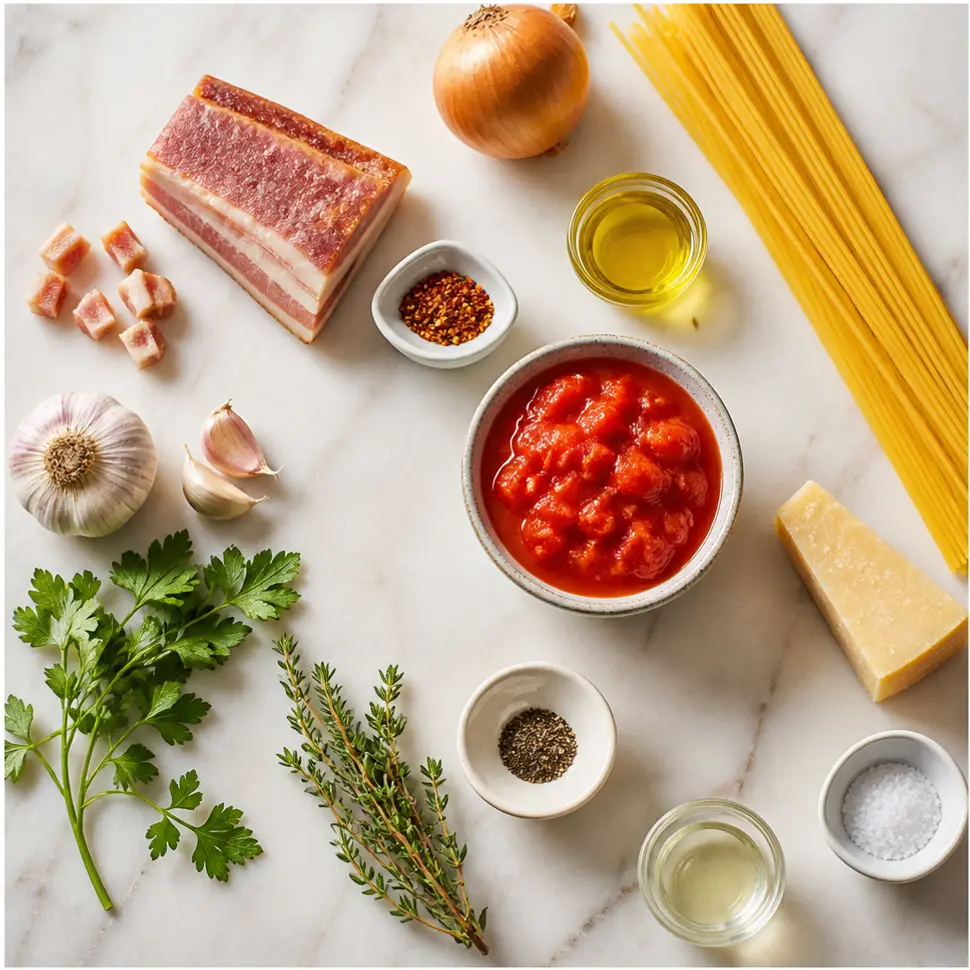 Flat-lay of tomatoes, guanciale, pecorino Romano, chili flakes, olive oil, and spaghetti ingredients
