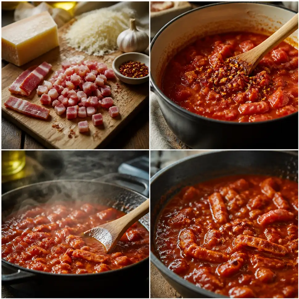 Guanciale sizzling in a skillet as tomatoes and chili combine for amatriciana sauce