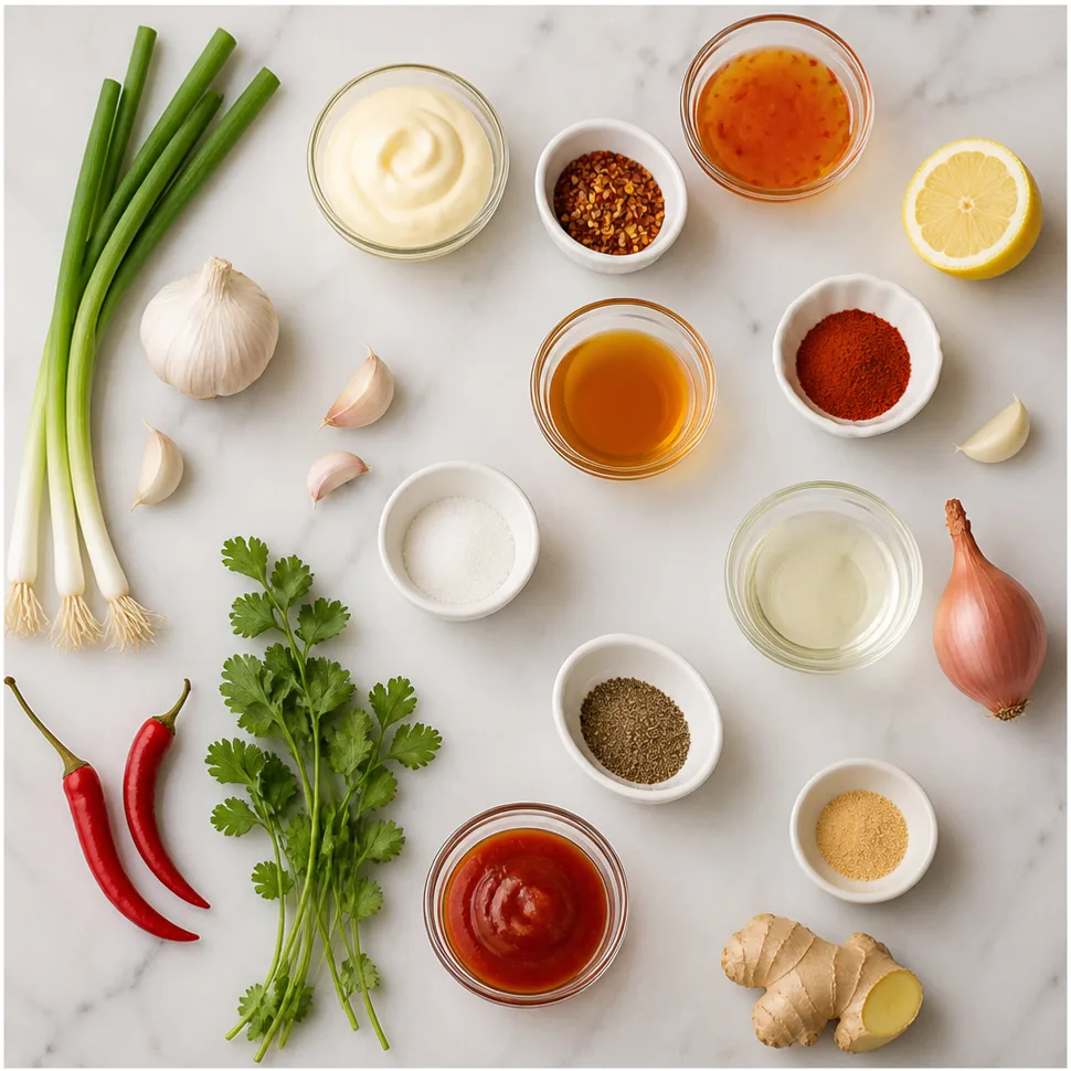 The Best Bang Bang Sauce Recipe (Creamy, Sweet & Spicy in 5 Minutes) 2 Flat-lay of mayonnaise, sweet chili sauce, sriracha, lime, and garlic for bang bang sauce