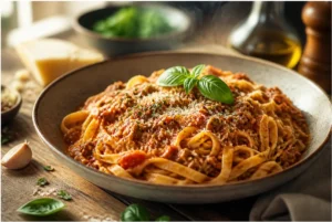 bolognese sauce recipe served over spaghetti in a bowl, garnished with Parmesan and basil