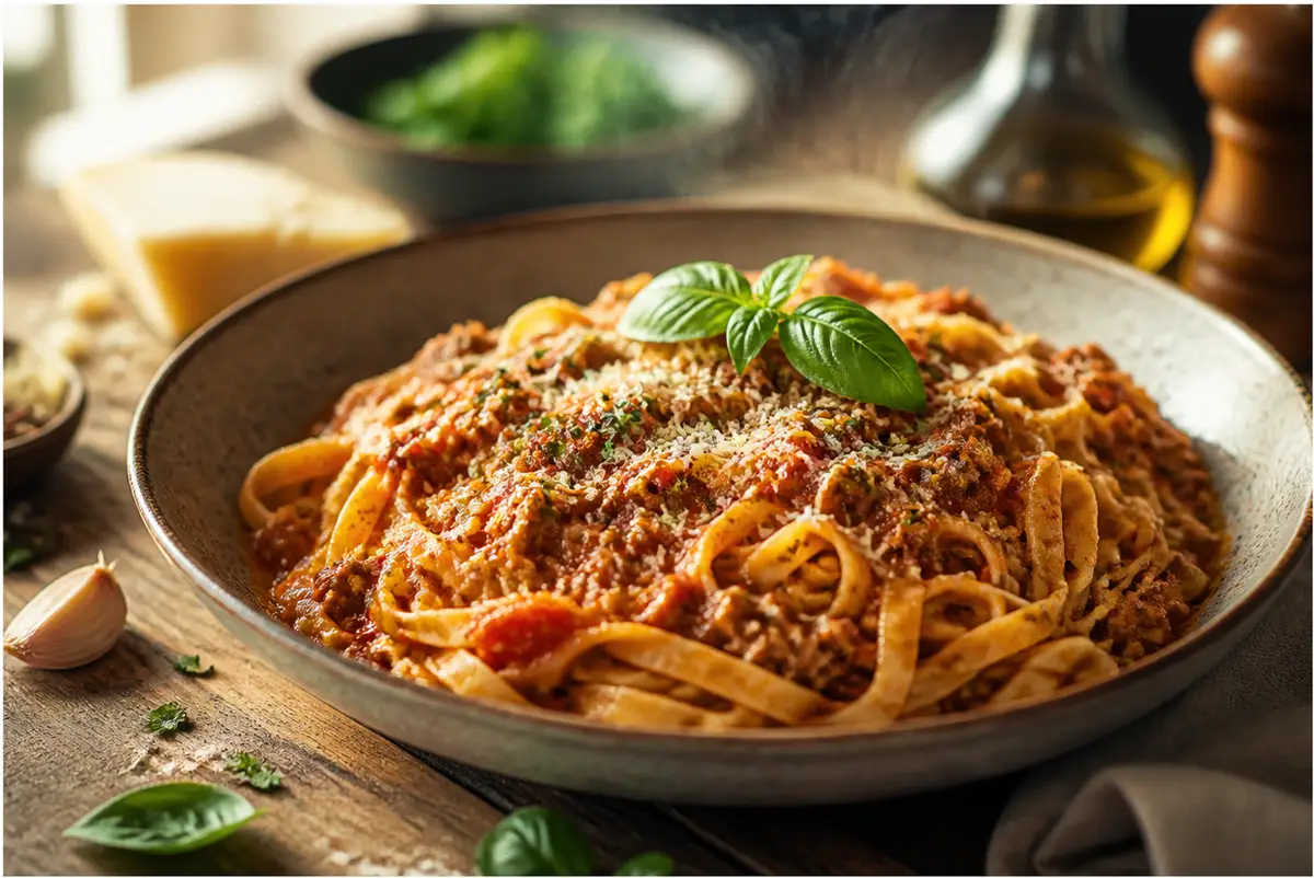 Home 3 bolognese sauce recipe served over spaghetti in a bowl, garnished with Parmesan and basil
