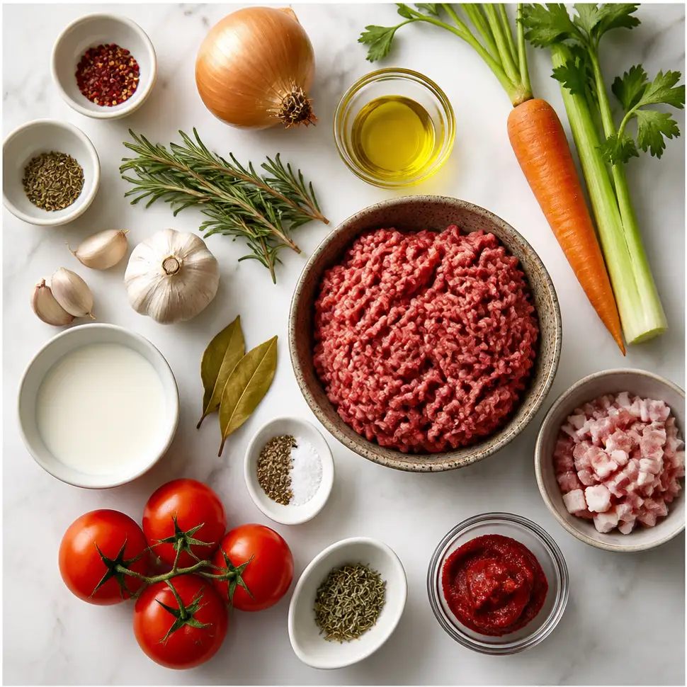 Bolognese Sauce Recipe for Classic Pasta Dinners 2 Flat-lay of tomatoes, ground beef, onions, carrots, celery, garlic, herbs, and Parmesan