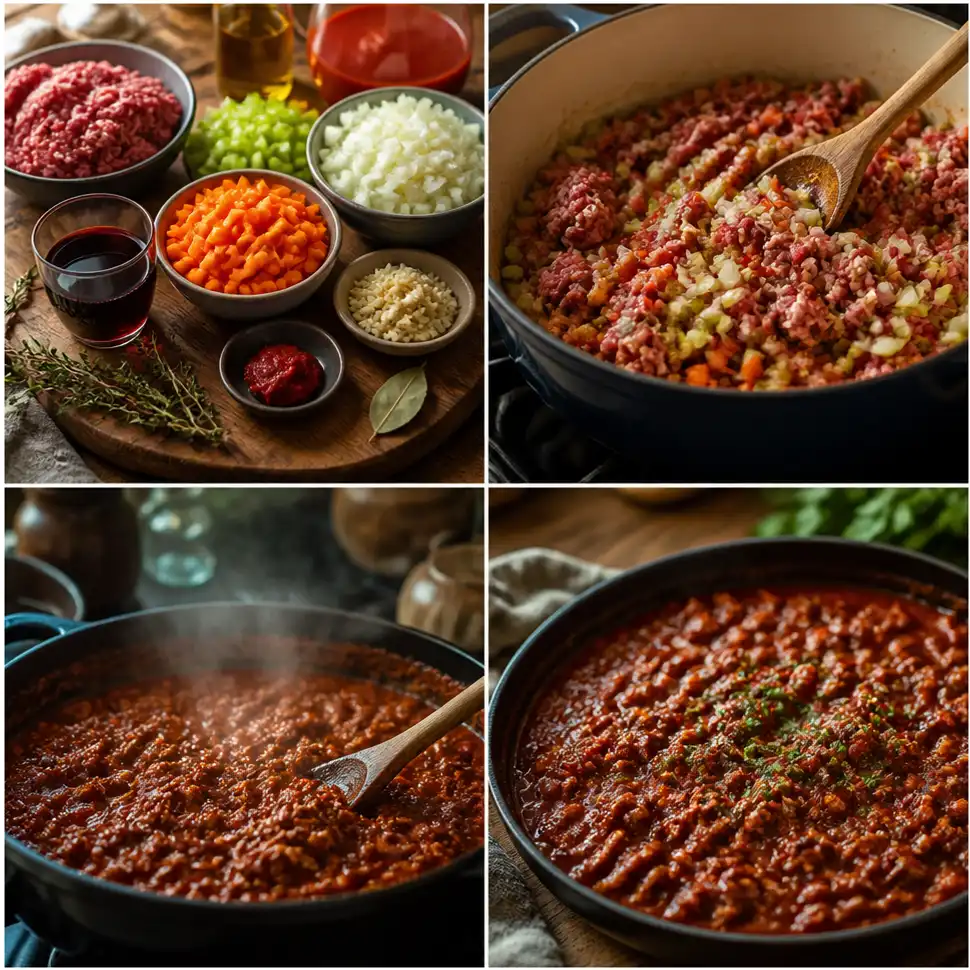 Bolognese Sauce Recipe for Classic Pasta Dinners 3 Ground beef, onions, and vegetables sautéing together in a skillet for Bolognese sauce