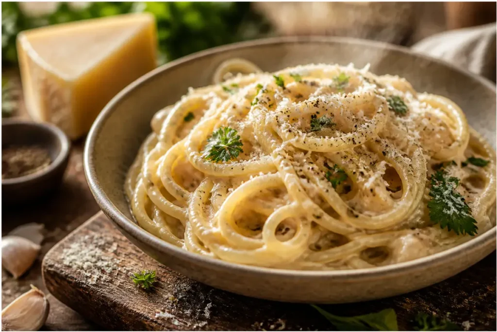Home 4 cacio e pepe sauce recipe featuring creamy peppery pasta topped with Pecorino Romano and cracked black pepper